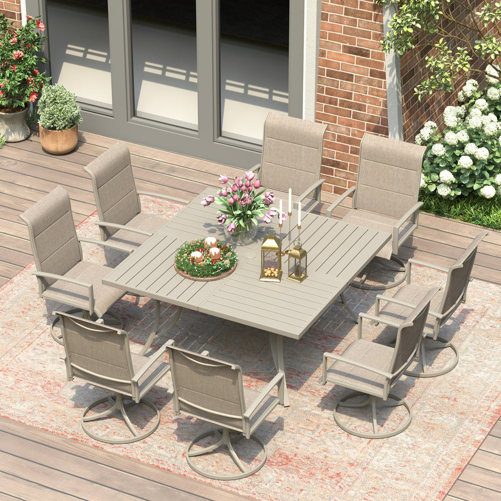 Vicllax Patio Dining Table Set for 8, Outdoor 59" Square Large Metal Table and Padded Swivel Dining Chairs