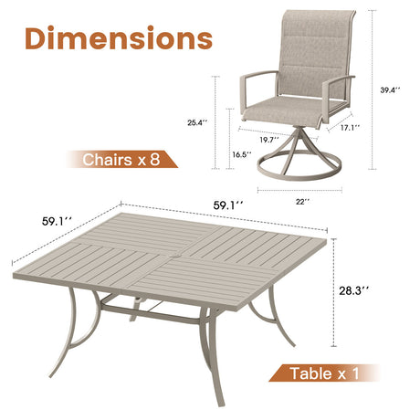 Vicllax Patio Dining Table Set for 8, Outdoor 59" Square Large Metal Table and Padded Swivel Dining Chairs