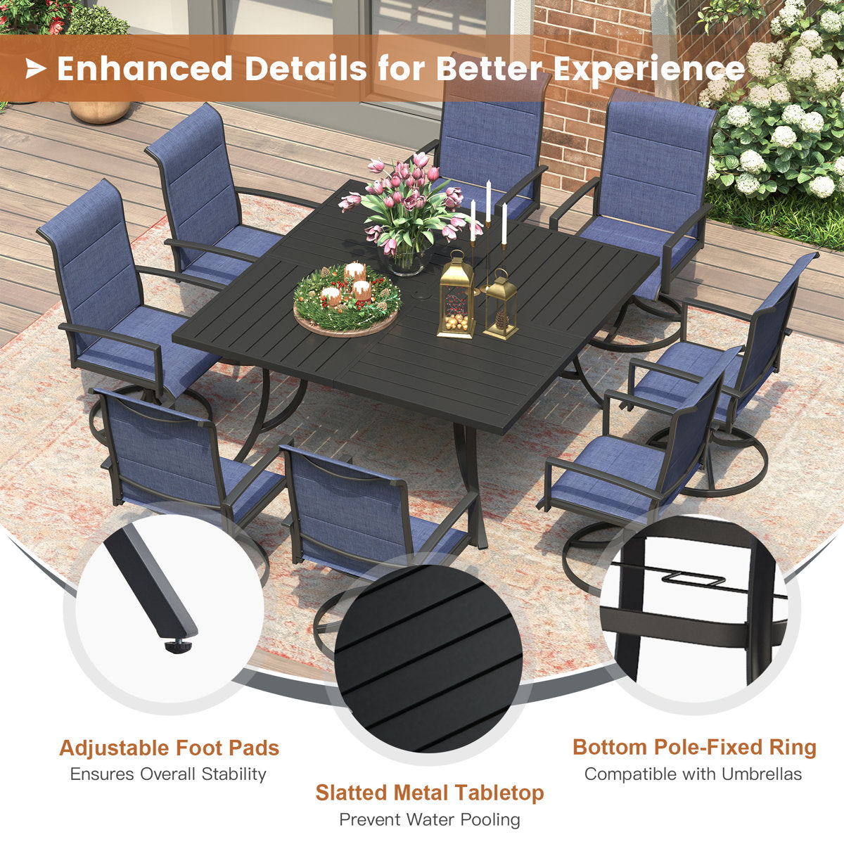 Vicllax Patio Dining Table Set for 8, Outdoor 59" Square Large Metal Table and Padded Swivel Dining Chairs