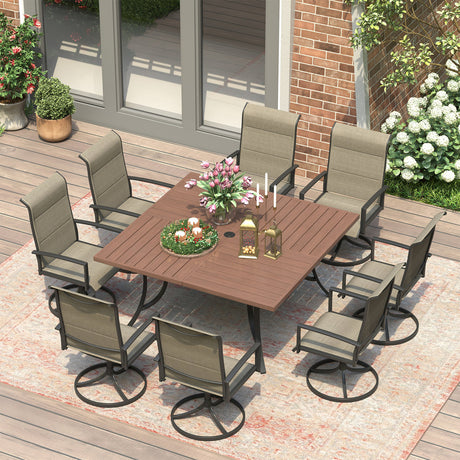 Vicllax Patio Dining Table Set for 8, Outdoor 59" Square Large Metal Table and Padded Swivel Dining Chairs
