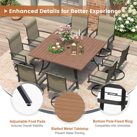 Vicllax Patio Dining Table Set for 8, Outdoor 59" Square Large Metal Table and Padded Swivel Dining Chairs