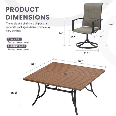 Vicllax Patio Dining Table Set for 8, Outdoor 59" Square Large Metal Table and Padded Swivel Dining Chairs