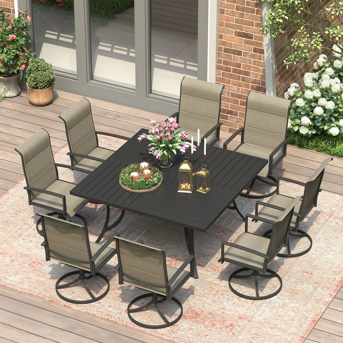Vicllax Patio Dining Table Set for 8, Outdoor 59" Square Large Metal Table and Padded Swivel Dining Chairs