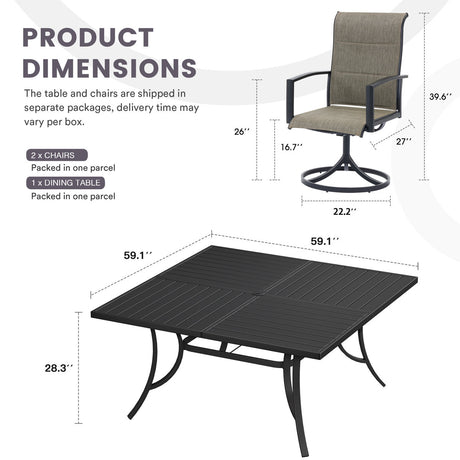 Vicllax Patio Dining Table Set for 8, Outdoor 59" Square Large Metal Table and Padded Swivel Dining Chairs