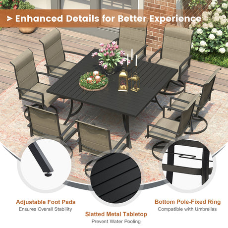 Vicllax Patio Dining Table Set for 8, Outdoor 59" Square Large Metal Table and Padded Swivel Dining Chairs