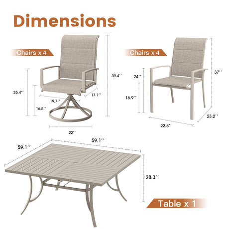 Vicllax Patio Dining Table Set for 8, Outdoor 59" Square Large Metal Table and Padded Swivel&Stackable Textilene Dining Chairs