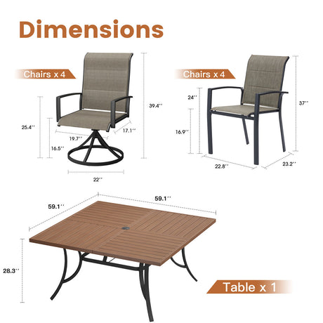 Vicllax Patio Dining Table Set for 8, Outdoor 59" Square Large Metal Table and Padded Swivel&Stackable Textilene Dining Chairs