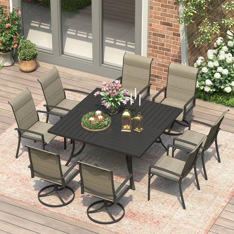 Vicllax Patio Dining Table Set for 8, Outdoor 59" Square Large Metal Table and Padded Swivel&Stackable Textilene Dining Chairs