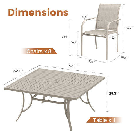 Vicllax 9 Pieces Outdoor Sandshell Dining Set with 59" Square Dining Table and Stackable Chair