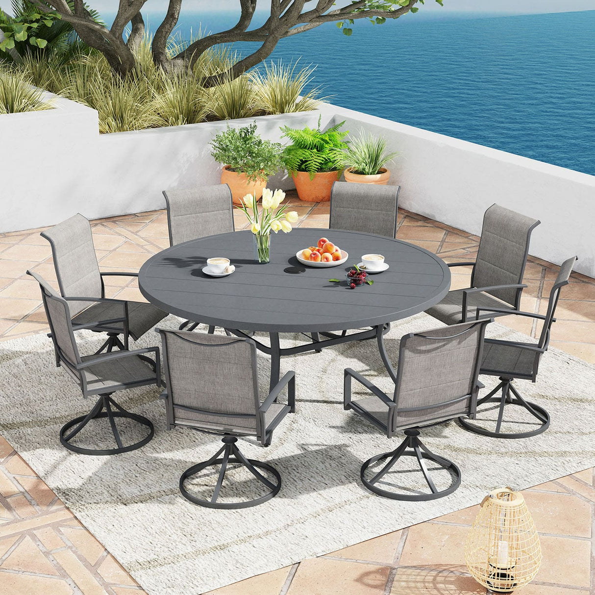Vicllax 50” / 60" Outdoor Round Metal Dining Table with Umbrella Hole for 6,8