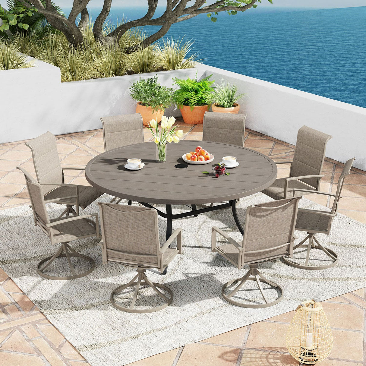 Vicllax 50” / 60" Outdoor Round Metal Dining Table with Umbrella Hole for 6,8