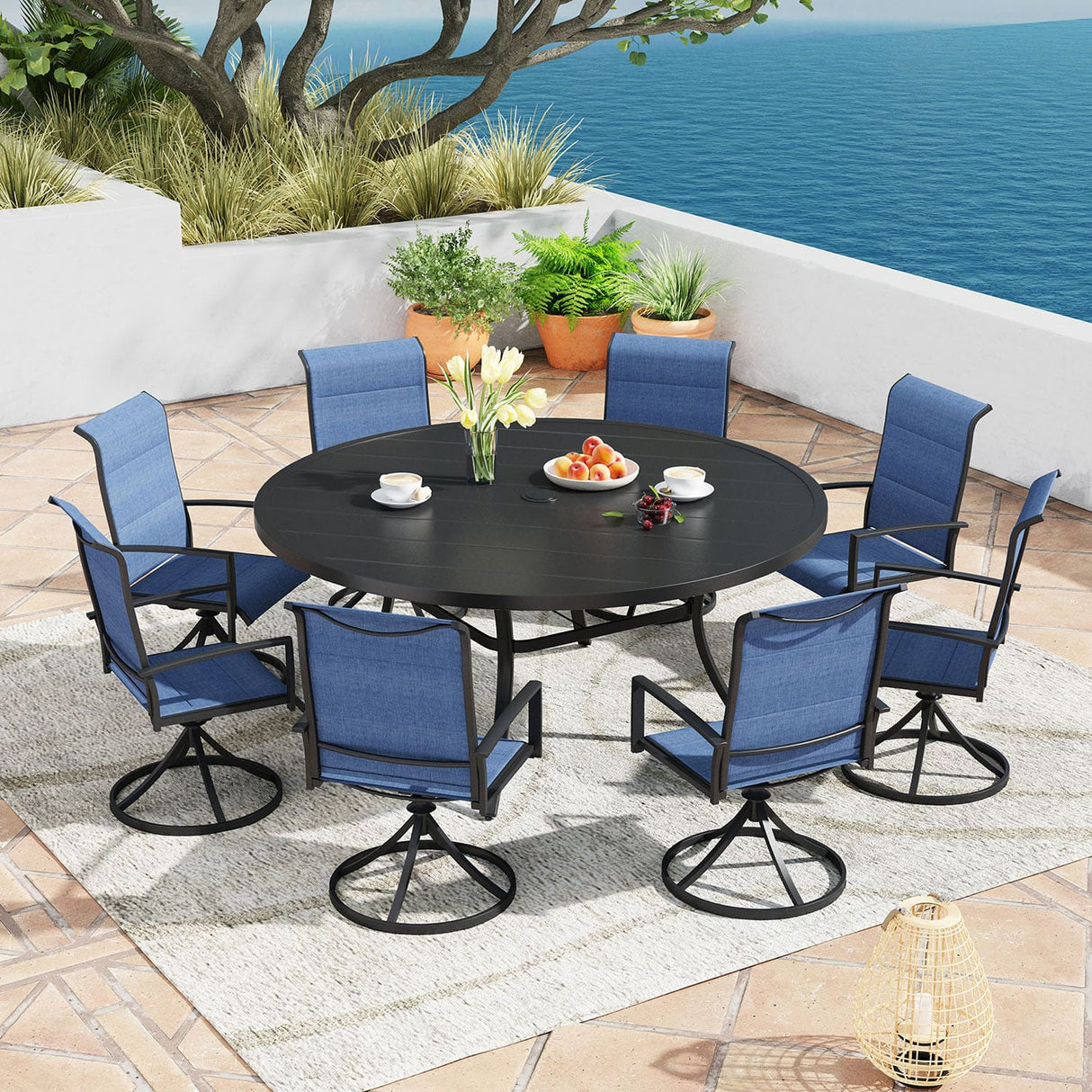 Vicllax 50” / 60" Outdoor Round Metal Dining Table with Umbrella Hole for 6,8