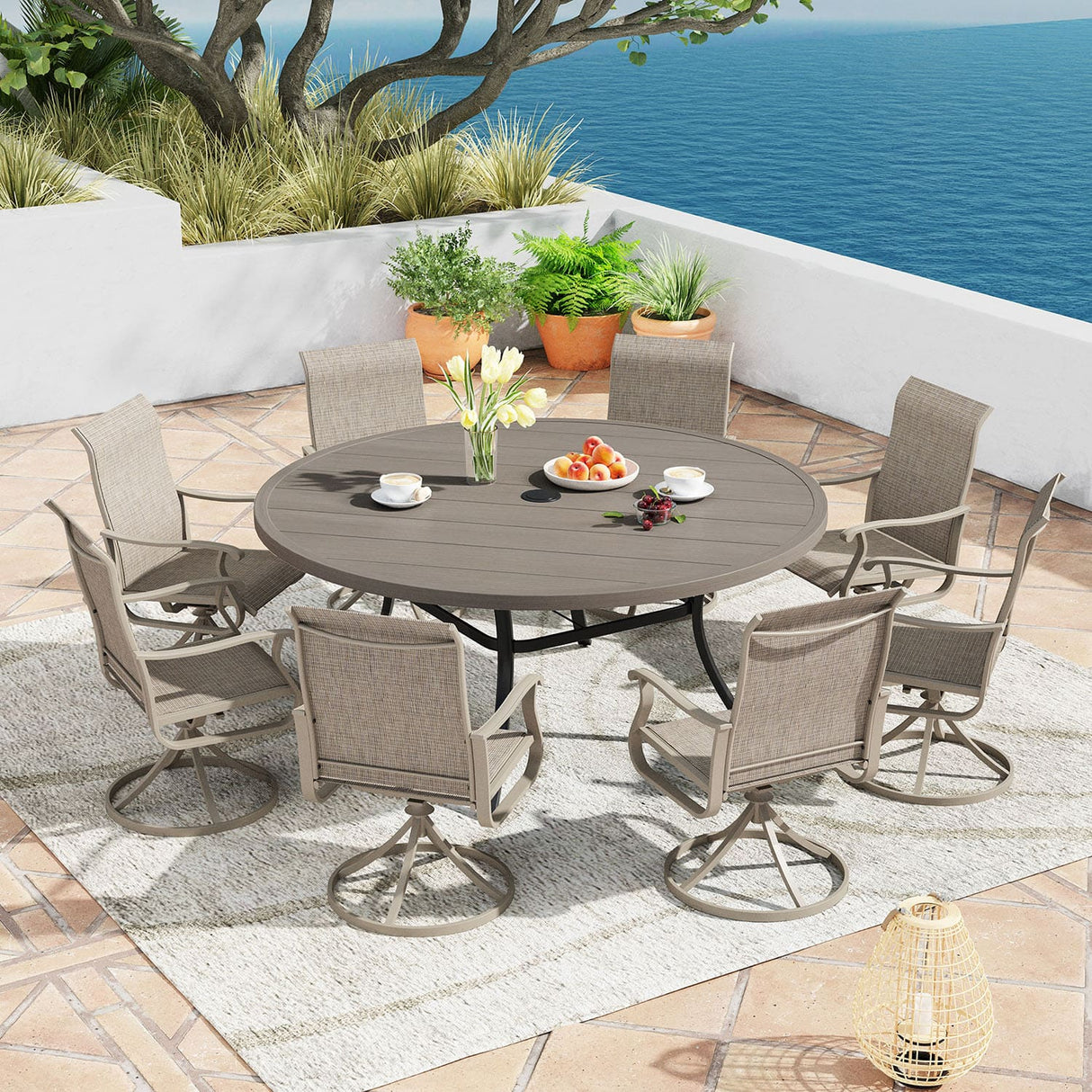 Vicllax 9 Pieces Outdoor Dining Set with 60" Round Dining Table and Premium Swivel Chairs