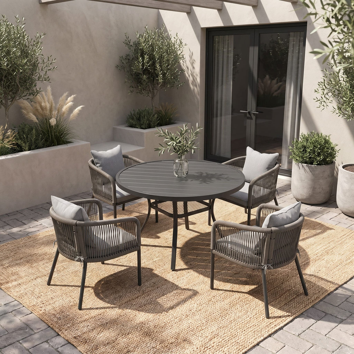 Vicllax 5-Piece Outdoor Wicker Patio Dining Set - 40 or 47-Inch Round Table with Umbrella Hole and 4 Cushioned Resin Rattan Armchairs