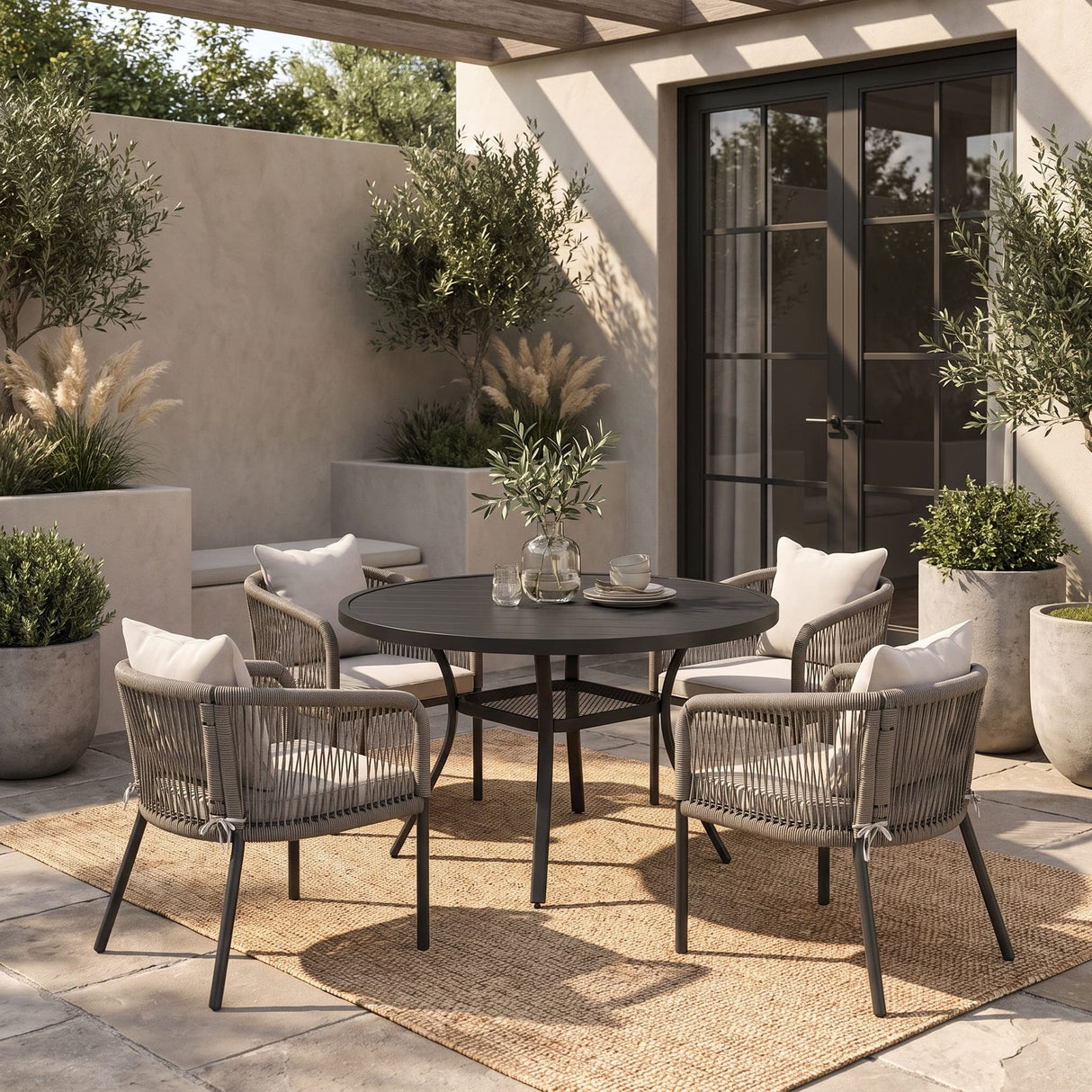 Vicllax 5-Piece Outdoor Wicker Patio Dining Set - 40 or 47-Inch Round Table with Umbrella Hole and 4 Cushioned Resin Rattan Armchairs