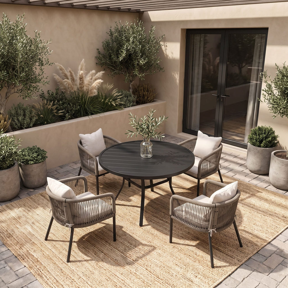Vicllax 5-Piece Outdoor Wicker Patio Dining Set - 40 or 47-Inch Round Table with Umbrella Hole and 4 Cushioned Resin Rattan Armchairs