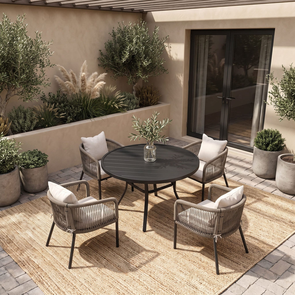 Vicllax 5-Piece Outdoor Wicker Patio Dining Set - 40 or 47-Inch Round Table with Umbrella Hole and 4 Cushioned Resin Rattan Armchairs