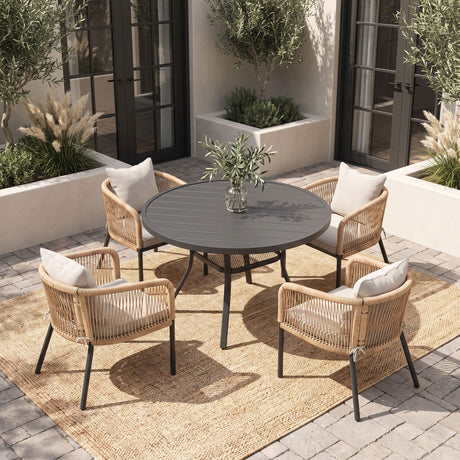 Vicllax 5-Piece Outdoor Wicker Patio Dining Set - 40 or 47-Inch Round Table with Umbrella Hole and Aria Modern Woven Rope Armchair