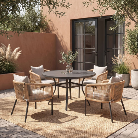 Vicllax 5-Piece Outdoor Wicker Patio Dining Set - 40 or 47-Inch Round Table with Umbrella Hole and Aria Modern Woven Rope Armchair