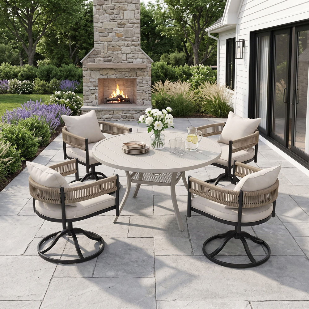 VICLLAX Round Patio Dining Set of 4 with Aria Woven Rope Swivel Chairs, 40.2" / 47.2"