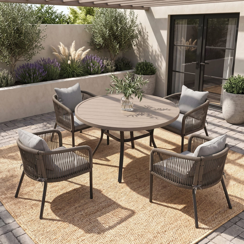 Vicllax 5-Piece Outdoor Wicker Patio Dining Set - 40 or 47-Inch Round Table with Umbrella Hole and 4 Cushioned Resin Rattan Armchairs