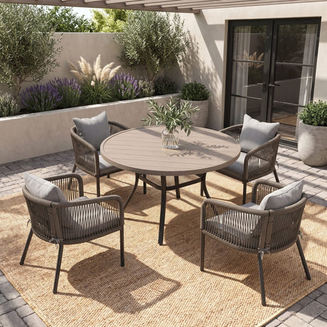 Vicllax 5-Piece Outdoor Wicker Patio Dining Set - 40 or 47-Inch Round Table with Umbrella Hole and Aria Modern Woven Rope Armchair