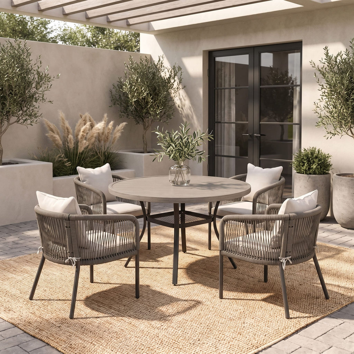 Vicllax 5-Piece Outdoor Wicker Patio Dining Set - 40 or 47-Inch Round Table with Umbrella Hole and 4 Cushioned Resin Rattan Armchairs