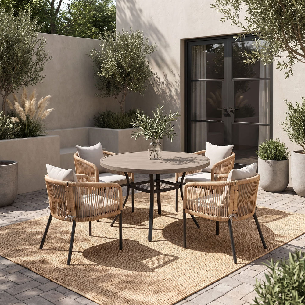 Vicllax 5-Piece Outdoor Wicker Patio Dining Set - 40 or 47-Inch Round Table with Umbrella Hole and 4 Cushioned Resin Rattan Armchairs