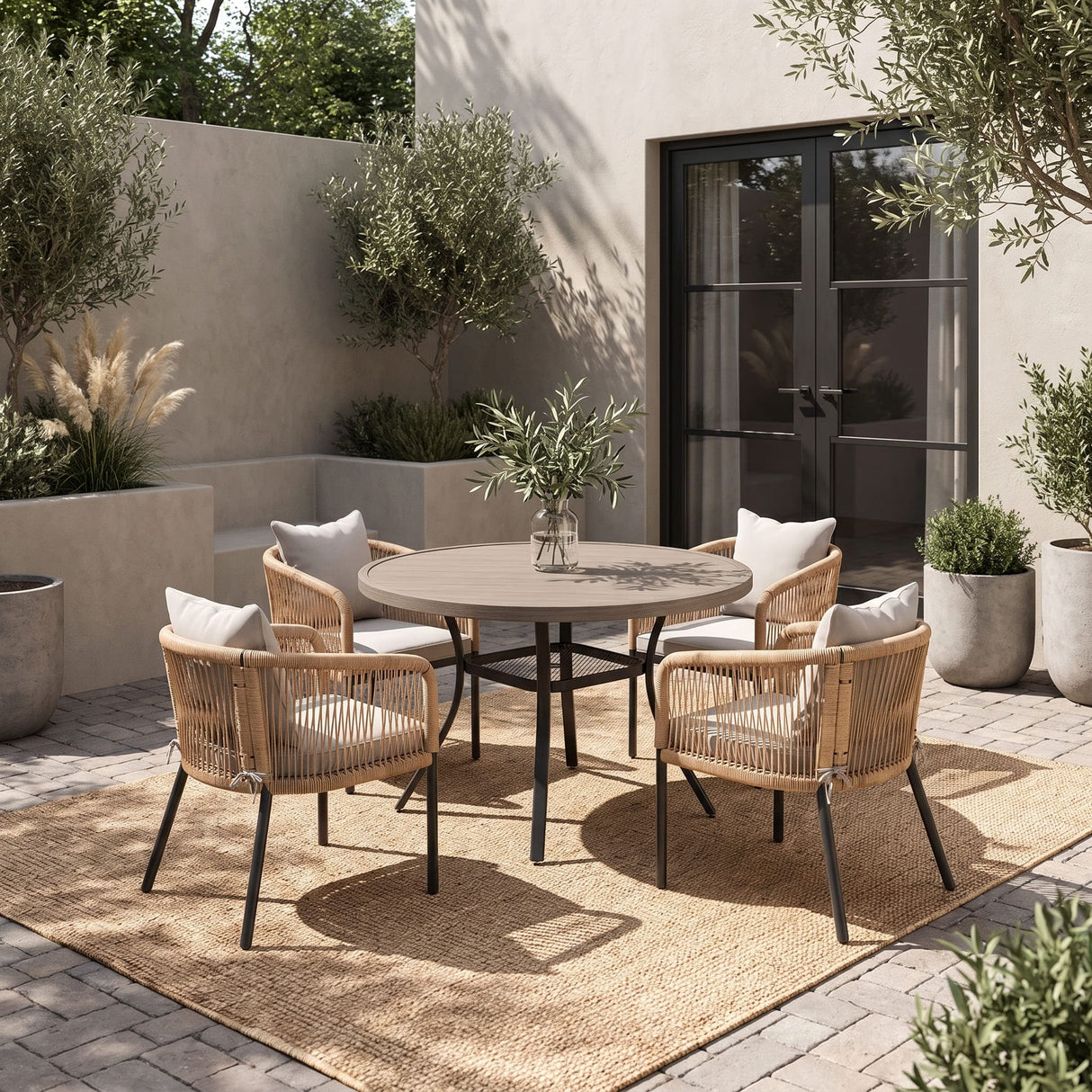 Vicllax 5-Piece Outdoor Wicker Patio Dining Set - 40 or 47-Inch Round Table with Umbrella Hole and 4 Cushioned Resin Rattan Armchairs