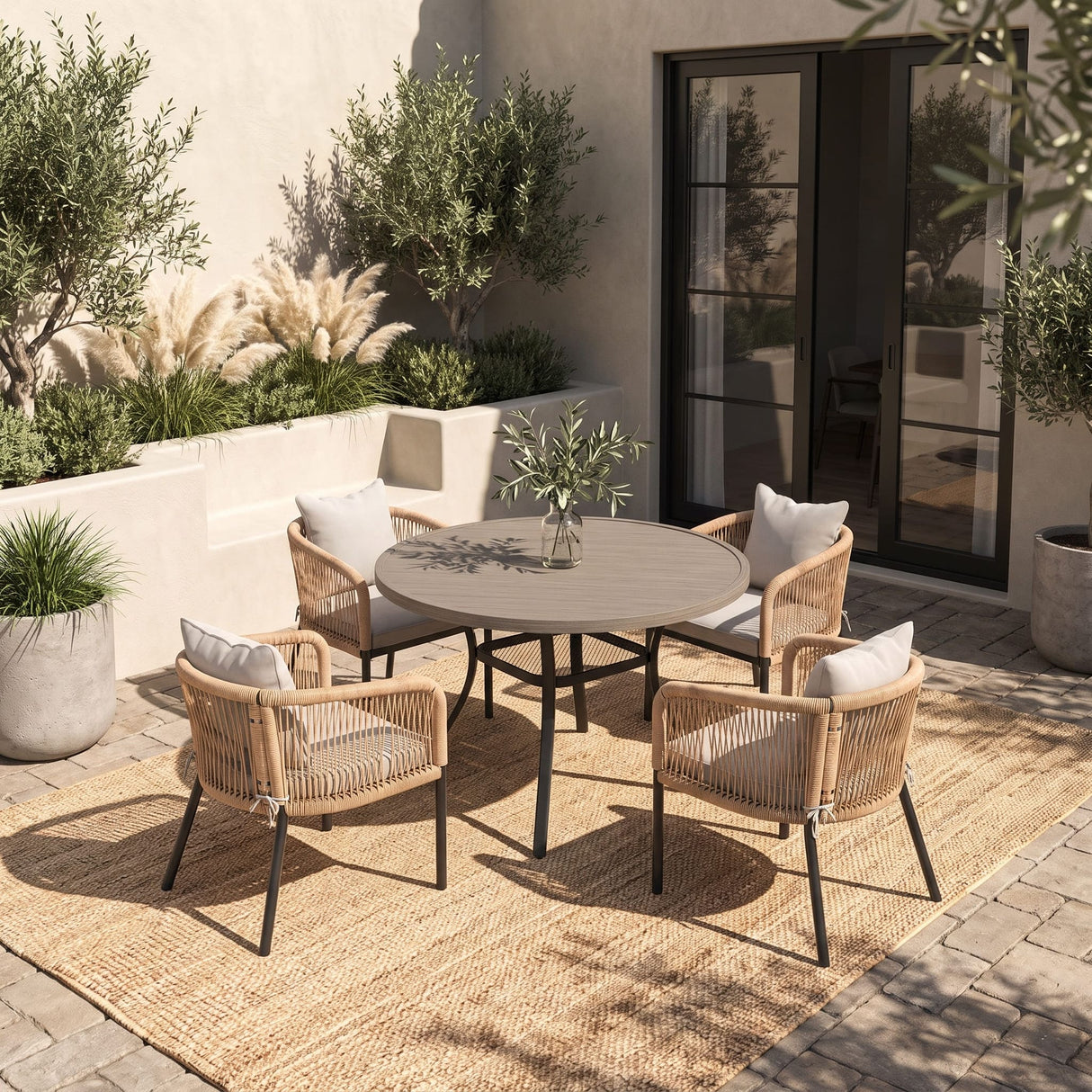 Vicllax 5-Piece Outdoor Wicker Patio Dining Set - 40 or 47-Inch Round Table with Umbrella Hole and 4 Cushioned Resin Rattan Armchairs