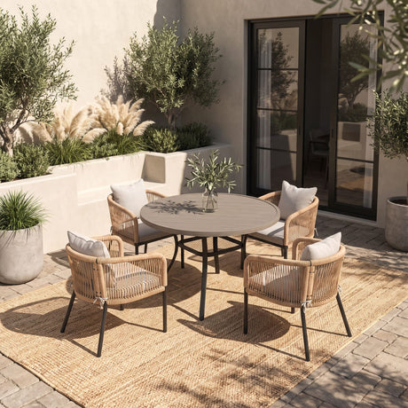Vicllax 5-Piece Outdoor Wicker Patio Dining Set - 40 or 47-Inch Round Table with Umbrella Hole and Aria Modern Woven Rope Armchair