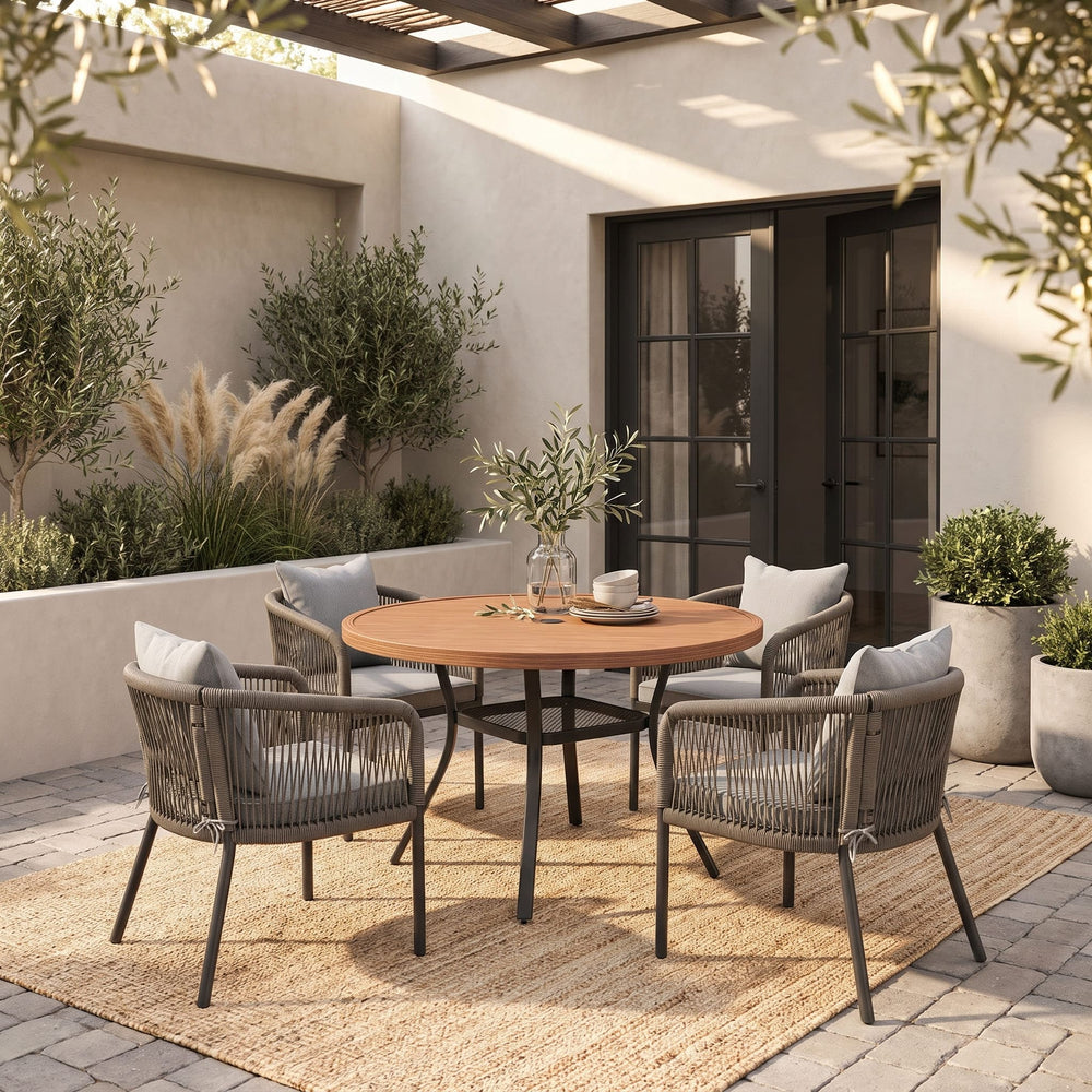 Vicllax 5-Piece Outdoor Wicker Patio Dining Set - 40 or 47-Inch Round Table with Umbrella Hole and 4 Cushioned Resin Rattan Armchairs