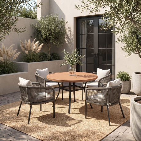 Vicllax 5-Piece Outdoor Wicker Patio Dining Set - 40 or 47-Inch Round Table with Umbrella Hole and Aria Modern Woven Rope Armchair