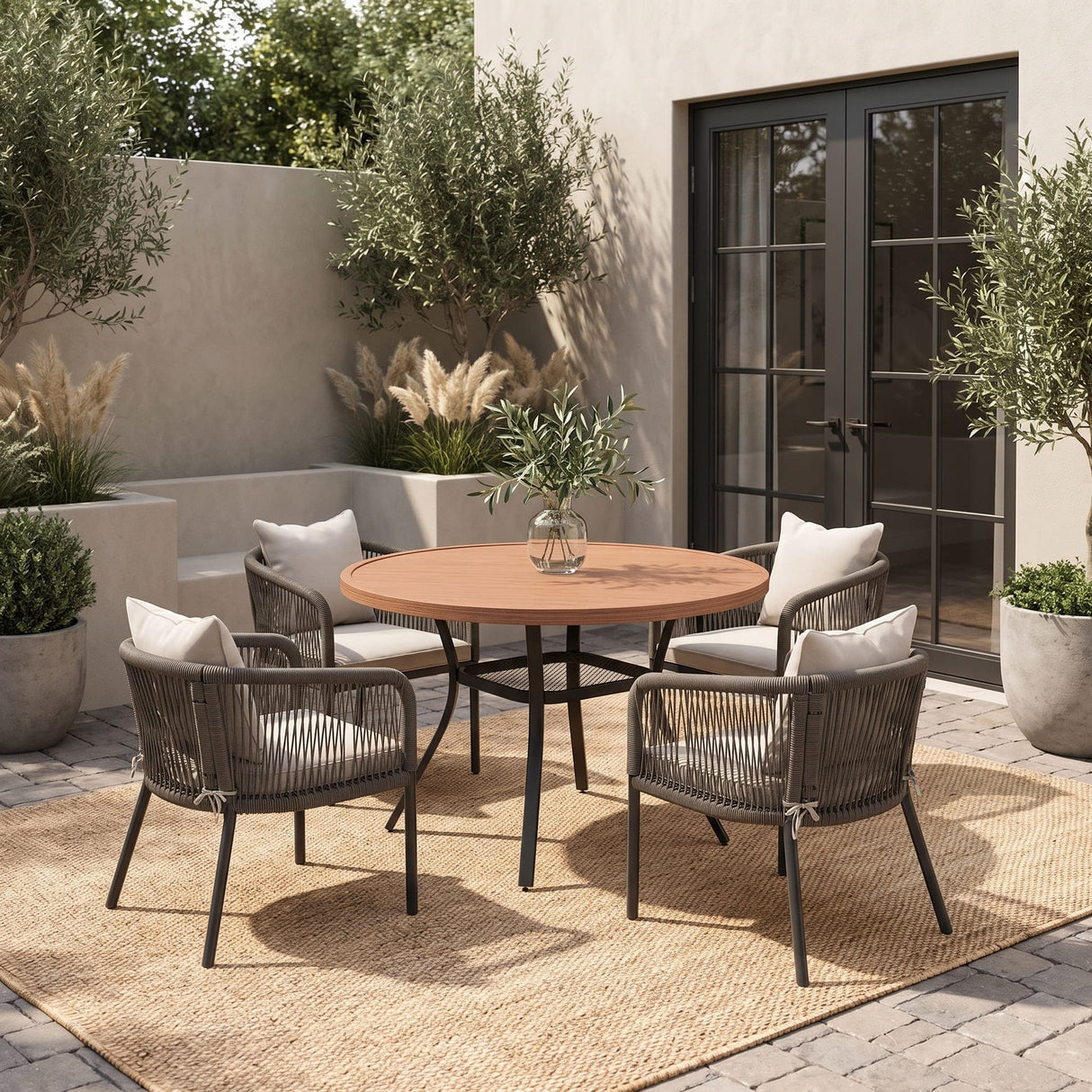 Vicllax 5-Piece Outdoor Wicker Patio Dining Set - 40 or 47-Inch Round Table with Umbrella Hole and 4 Cushioned Resin Rattan Armchairs