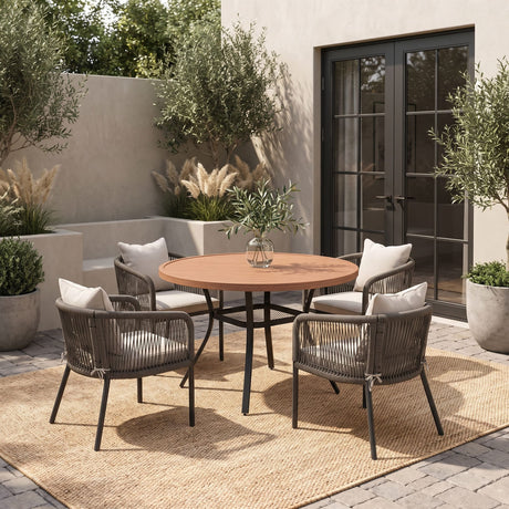 Vicllax 5-Piece Outdoor Wicker Patio Dining Set - 40 or 47-Inch Round Table with Umbrella Hole and Aria Modern Woven Rope Armchair