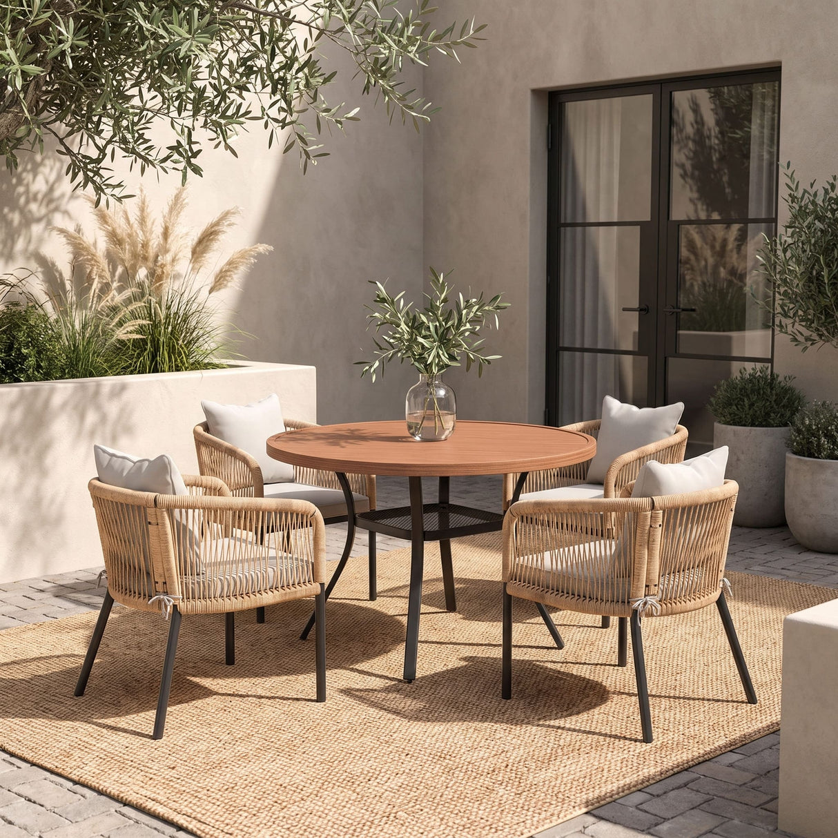 Vicllax 5-Piece Outdoor Wicker Patio Dining Set - 40 or 47-Inch Round Table with Umbrella Hole and 4 Cushioned Resin Rattan Armchairs