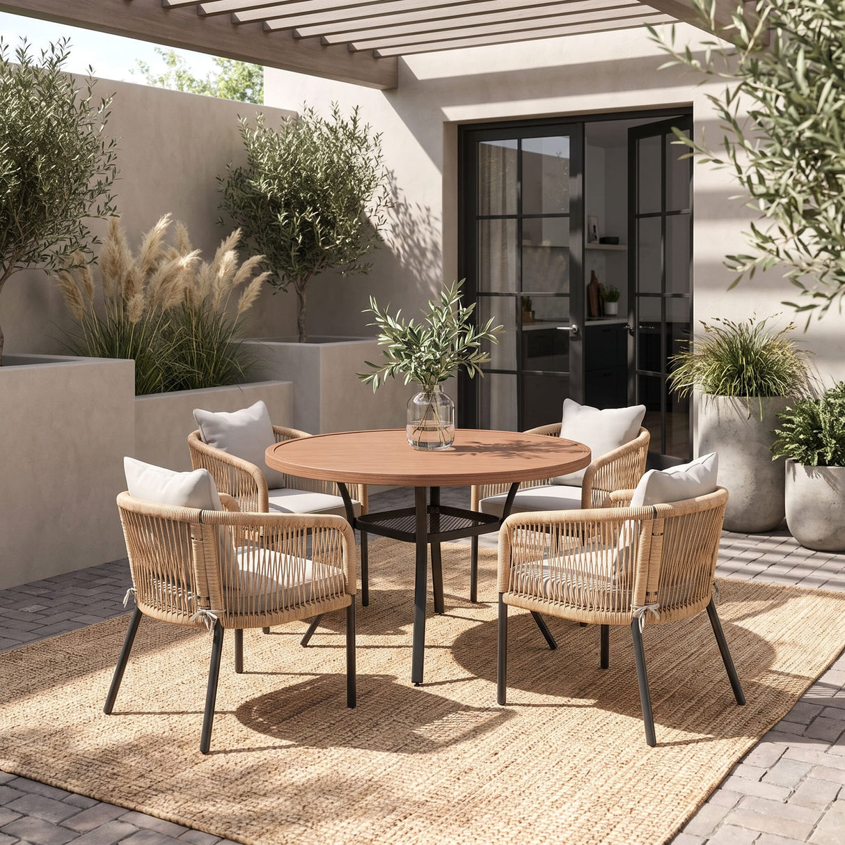 Vicllax 5-Piece Outdoor Wicker Patio Dining Set - 40 or 47-Inch Round Table with Umbrella Hole and 4 Cushioned Resin Rattan Armchairs