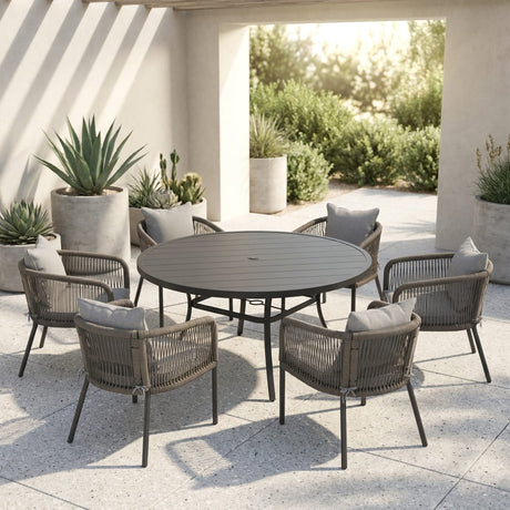 Vicllax 7-Piece Outdoor Wicker Patio Dining Set - 50 or 53-Inch Round Table with Umbrella Hole and Aria Modern Woven Rope Armchair