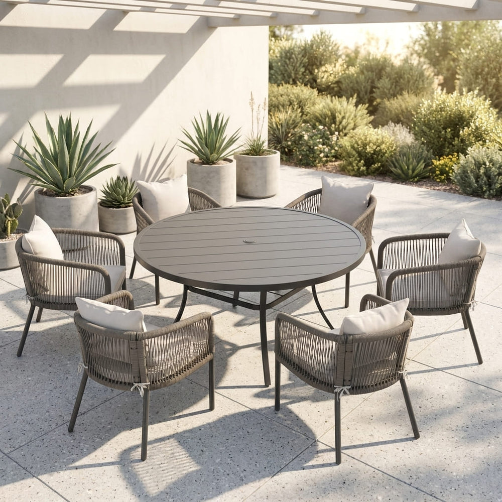 Vicllax 7-Piece Outdoor Wicker Patio Dining Set - 50 or 53-Inch Round Table with Umbrella Hole and Aria Modern Woven Rope Armchair