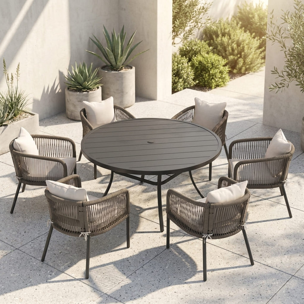 Vicllax 7-Piece Outdoor Wicker Patio Dining Set - 50 or 53-Inch Round Table with Umbrella Hole and Aria Modern Woven Rope Armchair