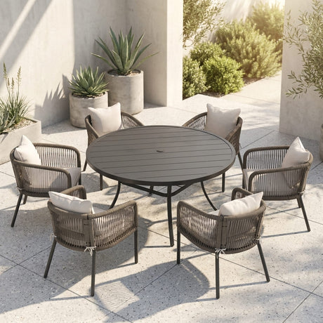 Vicllax 7-Piece Outdoor Wicker Patio Dining Set - 50 or 53-Inch Round Table with Umbrella Hole and Aria Modern Woven Rope Armchair