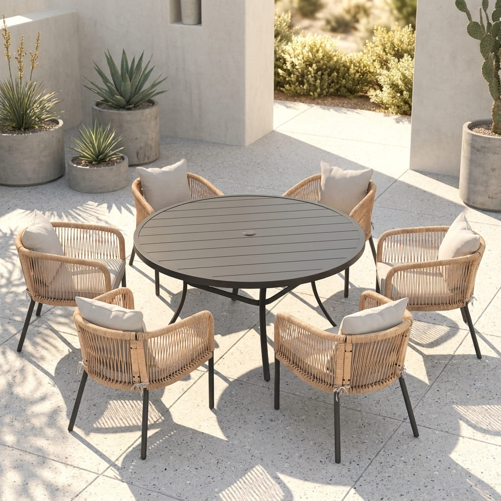 Vicllax 7-Piece Outdoor Wicker Patio Dining Set - 50 or 53-Inch Round Table with Umbrella Hole and Aria Modern Woven Rope Armchair