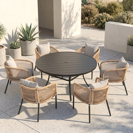Vicllax 7-Piece Outdoor Wicker Patio Dining Set - 50 or 53-Inch Round Table with Umbrella Hole and Aria Modern Woven Rope Armchair