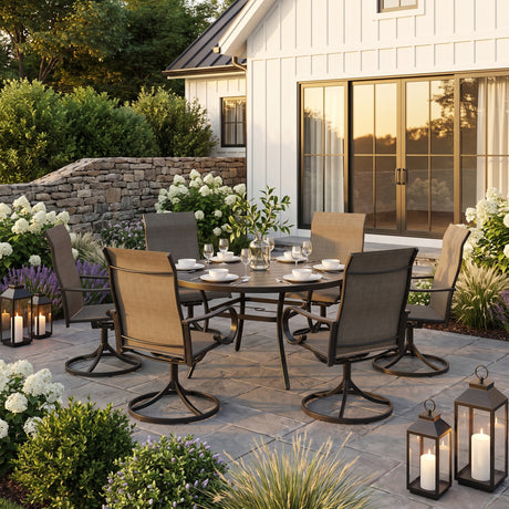 VICLLAX 7-Piece Patio Furniture Set - 50/53" Diameter Round Slat Top Dining Table with 6 Swivel Mesh Chairs