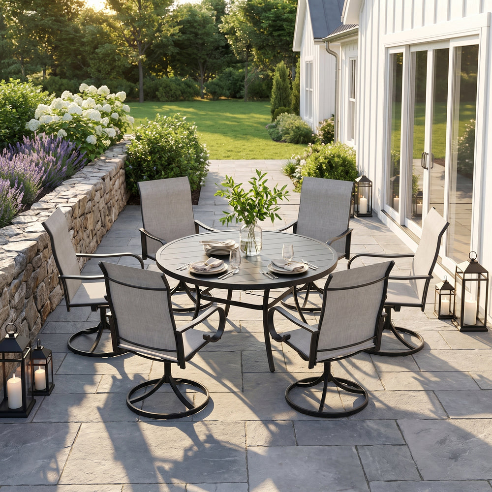 VICLLAX 7-Piece Patio Furniture Set - 50/53" Diameter Round Slat Top Dining Table with 6 Swivel Mesh Chairs