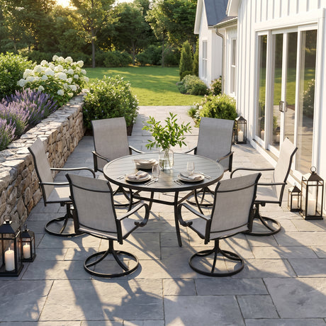 VICLLAX 7-Piece Patio Furniture Set - 50/53" Diameter Round Slat Top Dining Table with 6 Swivel Mesh Chairs