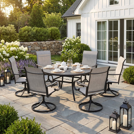 VICLLAX 7-Piece Patio Furniture Set - 50/53" Diameter Round Slat Top Dining Table with 6 Swivel Mesh Chairs