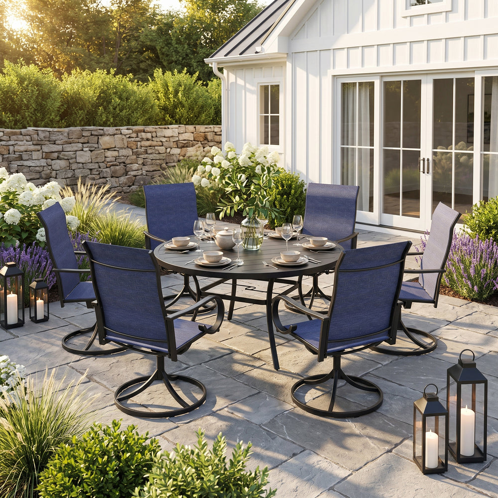 VICLLAX 7-Piece Patio Furniture Set - 50/53" Diameter Round Slat Top Dining Table with 6 Swivel Mesh Chairs