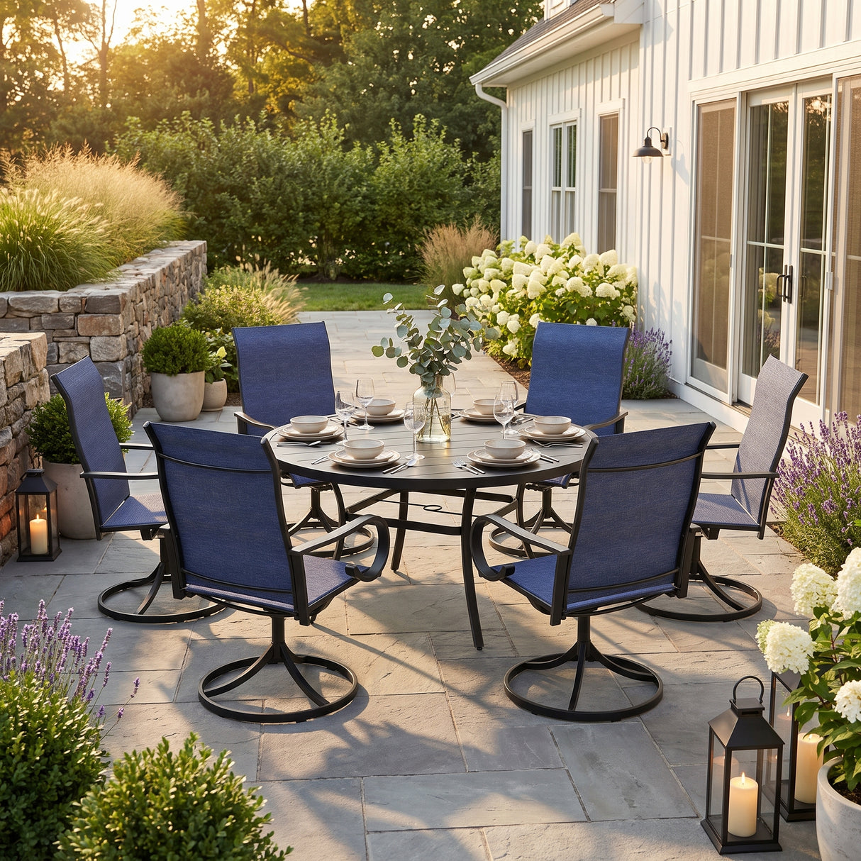 VICLLAX 7-Piece Patio Furniture Set - 50/53" Diameter Round Slat Top Dining Table with 6 Swivel Mesh Chairs