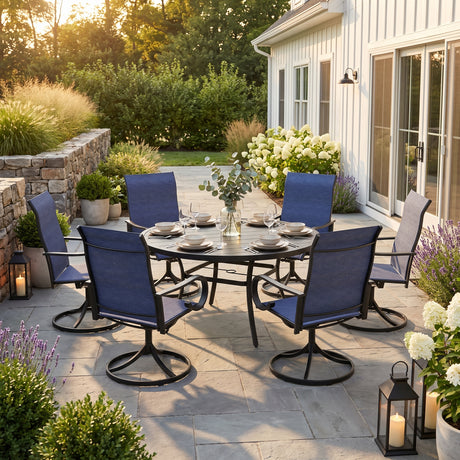 VICLLAX 7-Piece Patio Furniture Set - 50/53" Diameter Round Slat Top Dining Table with 6 Swivel Mesh Chairs